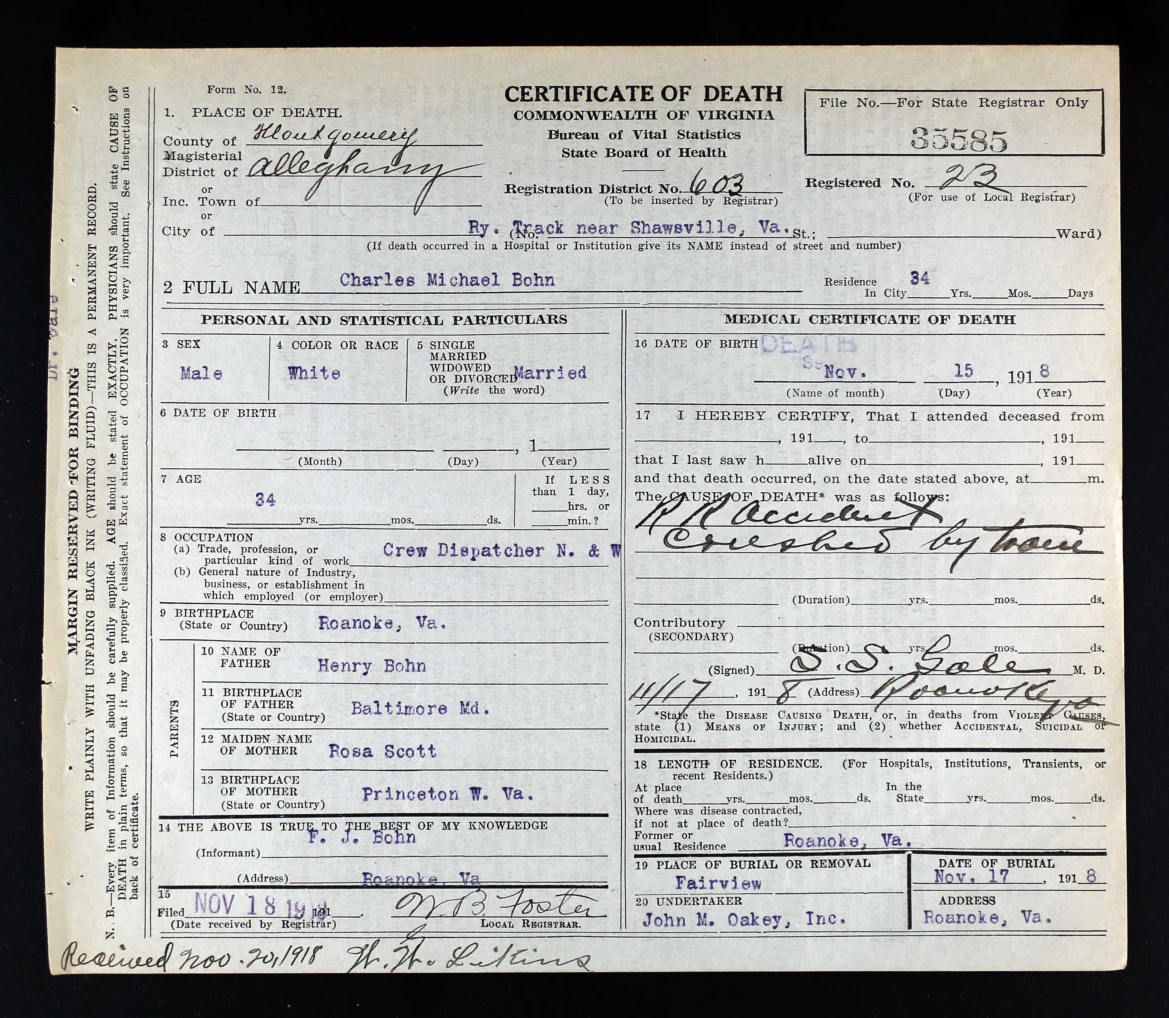 Charles Bohn death certificate