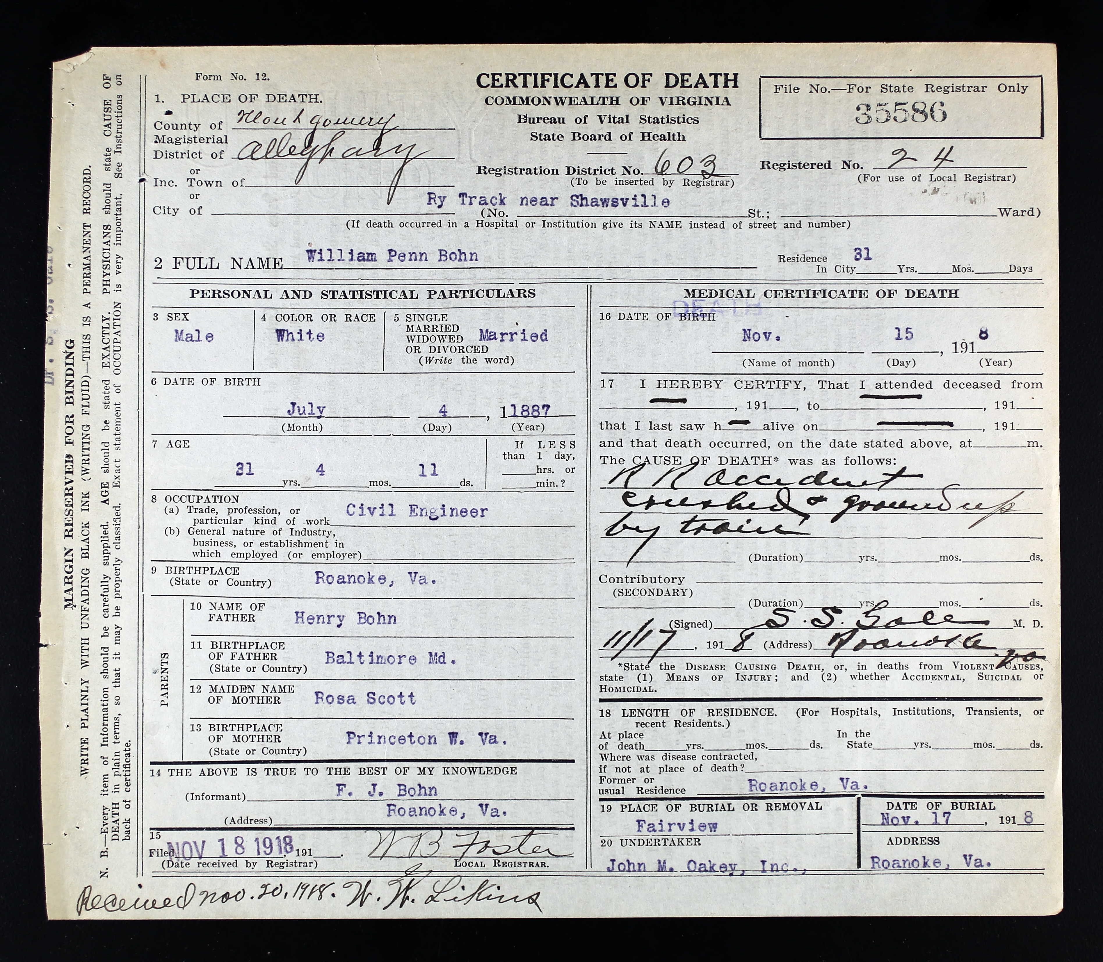 William Bohn death certificate