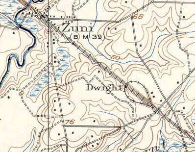 topo map section showing Dwight and Zuni on the N&W